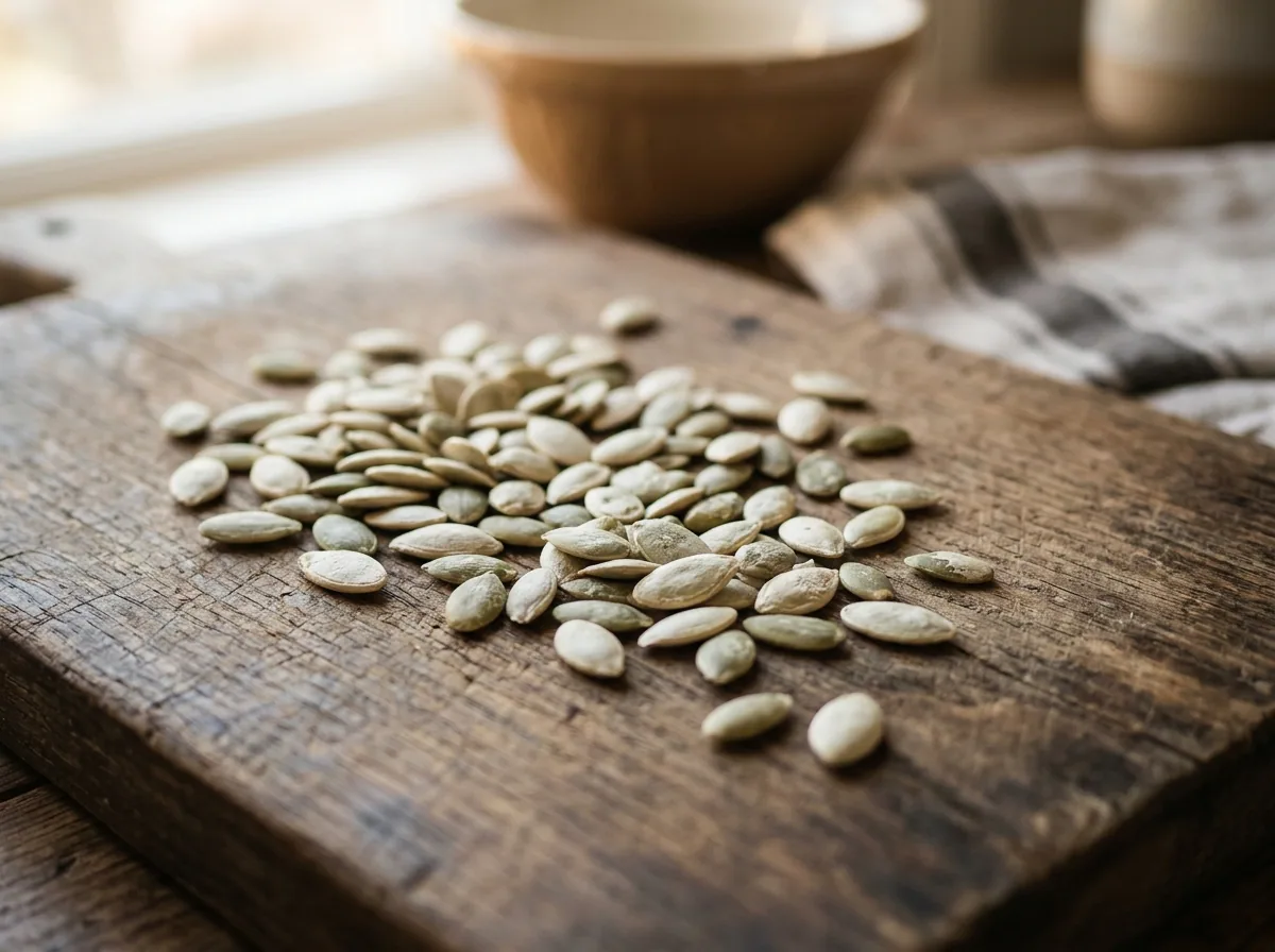 Verse pompoenzaden op een houten ondergrond, pompoenzaad nettelwortel capsules mannen